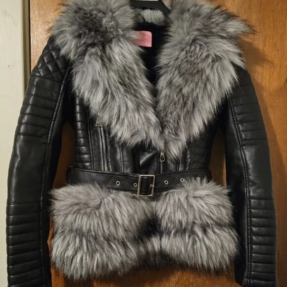 Azalea Wang for Akira Large Black Leather and Faux Fur Belted Jacket - Picture 1 of 9